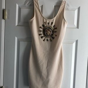 Pink mini dress with gold and gem embossed Roman design